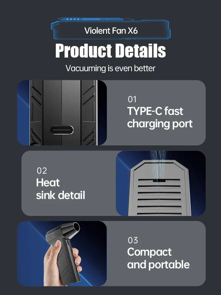 450000RPM X6 Air Blower Powerful dust Vacuum Cleaner Fast Charging Strong Wind Brushless Violent Fan for car/computer cleaning
